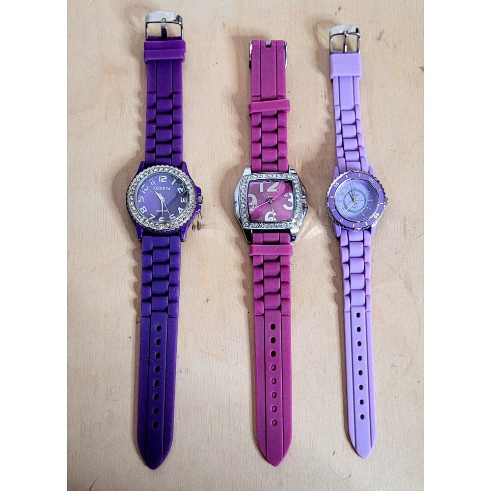 Geneva Watch Lot of 3 Purple Silicone Bands Untested No Batteries For Parts Asst